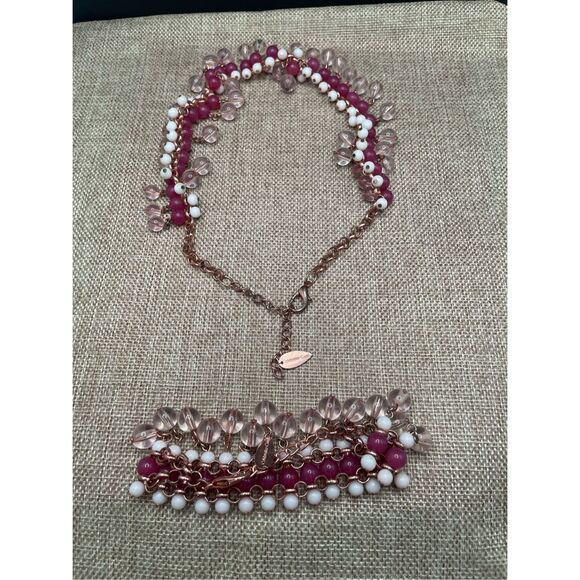 Coldwater Creek Fringe Necklace & Bracelet Set  Pink White Clear Acrylic Adjusta - Picture 4 of 8